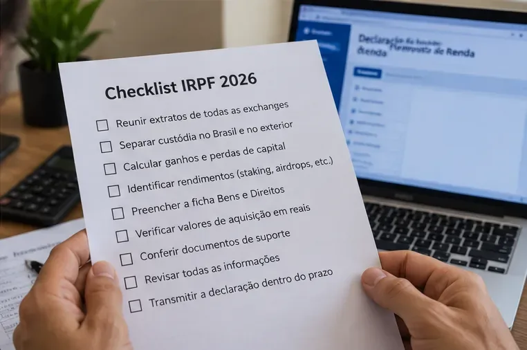 Checklist do IRPF 2026 com conferência de exchanges, custódia, ganhos, Bens e Direitos e documentos de suporte