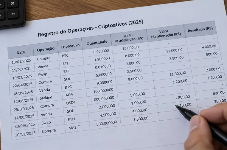 Tabela de operações de criptoativos de 2025 com compras, vendas, permutas, valores de aquisição e resultados em reais