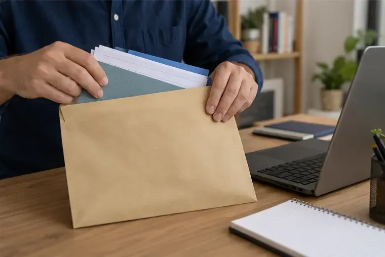 Pessoa guarda documentos revisados em um envelope ao lado de um notebook em uma mesa organizada