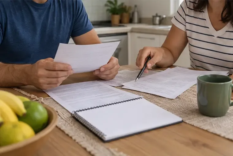 Duas pessoas analisam documentos domésticos com uma caneta sobre a mesa