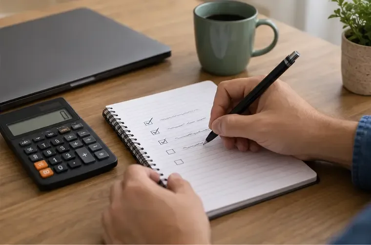 Mãos marcam uma lista de conferência ao lado de uma calculadora e de um computador fechado
