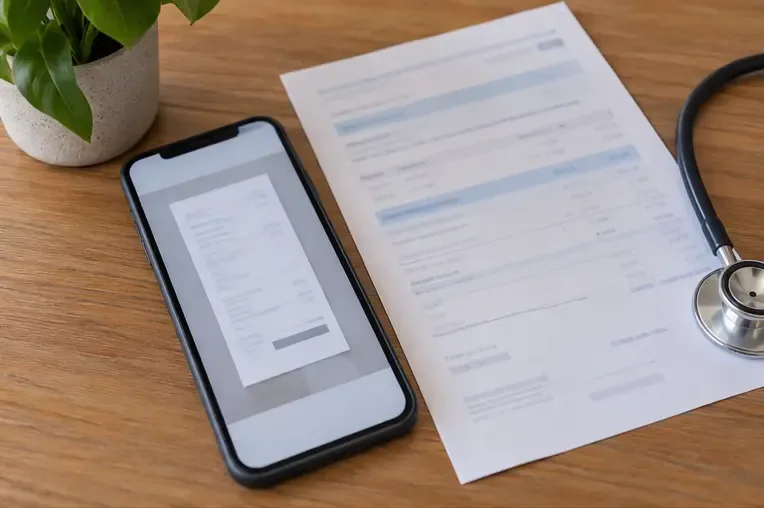 Smartphone ao lado de uma nota fiscal de serviço de saúde e um estetoscópio