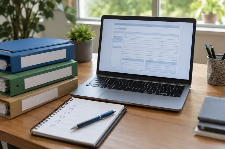 Pastas organizadas ao lado de um notebook com formulário tributário genérico e checklist