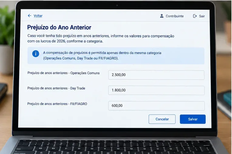 Tela ilustrativa de preenchimento de prejuízos de anos anteriores separados por operações comuns, day trade e FII ou Fiagro.