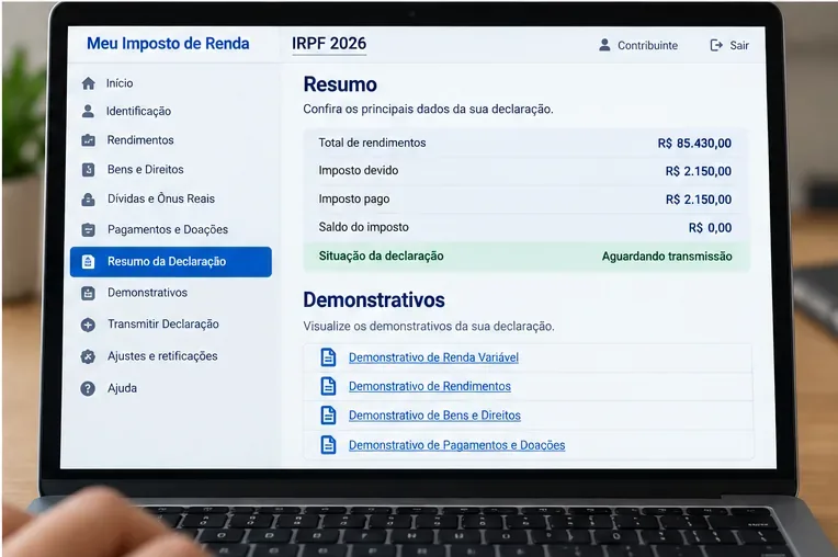 Tela ilustrativa do resumo da declaração com acesso ao Demonstrativo de Renda Variável.