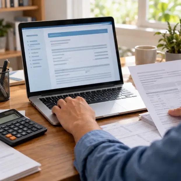 Pessoa confere uma declaração de imposto de renda em um notebook ao lado de calculadora e documentos sem dados legíveis