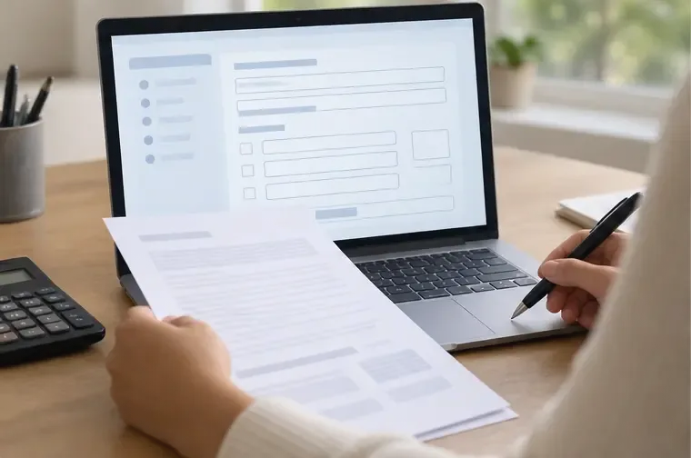 Pessoa revisa documentos impressos enquanto observa um formulário fiscal neutro em um laptop