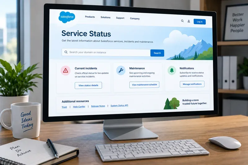 Illustrative Salesforce service-status workspace showing fields for instance search, incidents, maintenance, and notifications