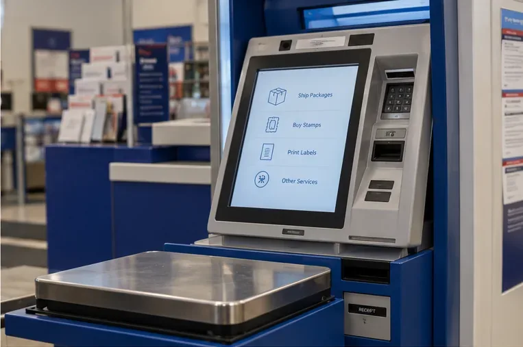 A postal self-service kiosk with a touchscreen, package scale, payment controls and receipt slot inside a service lobby
