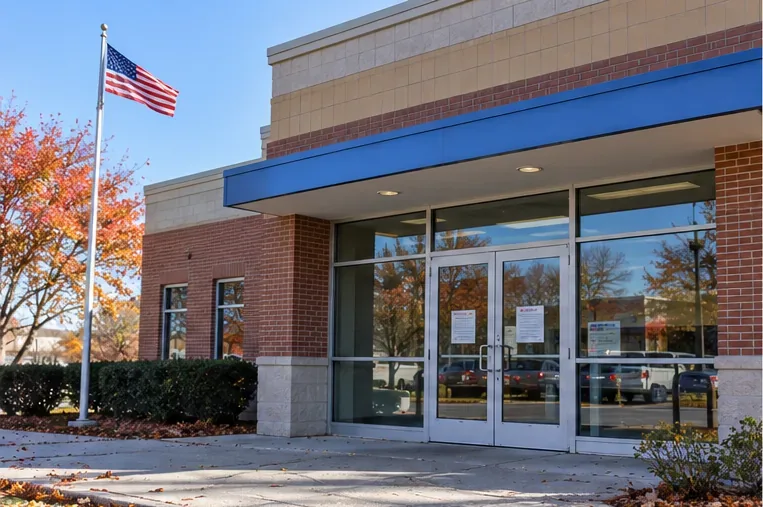 A neighborhood post office building on a clear autumn day with an American flag and closed glass entrance doors