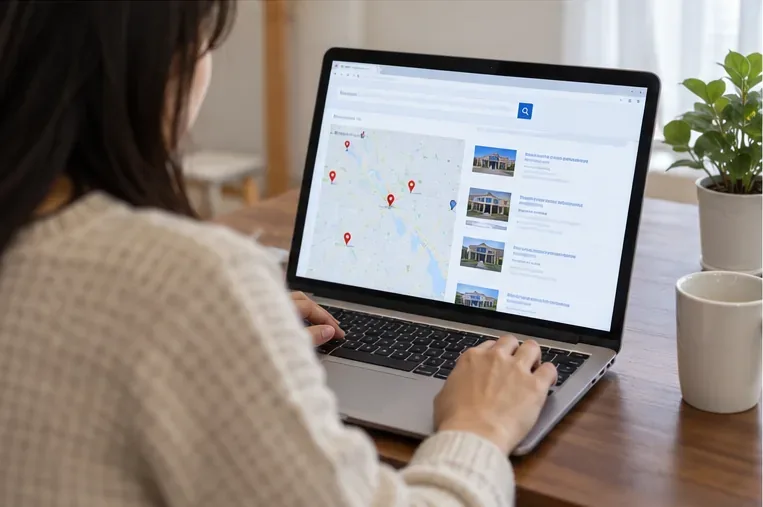A person using a laptop to view a map-based postal location search with several nearby facility listings