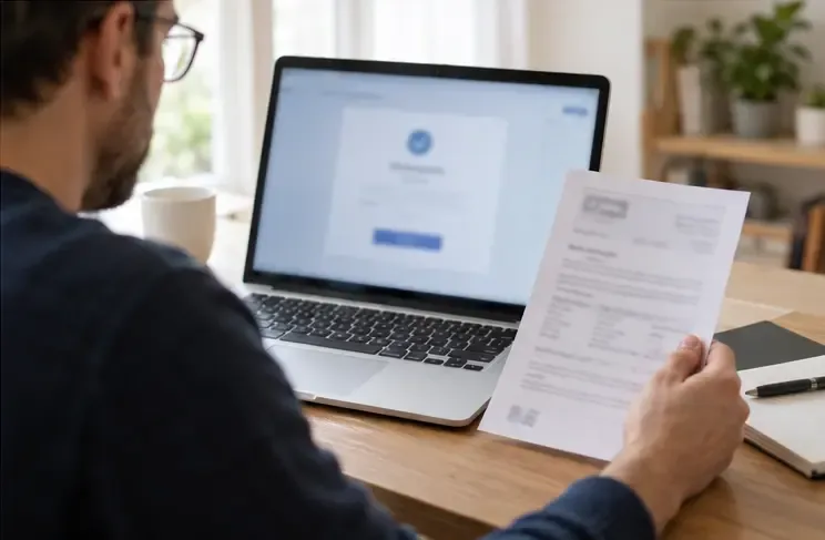 Un utente controlla sul laptop una ricevuta digitale e conserva un documento stampato dell’attestazione ISEE
