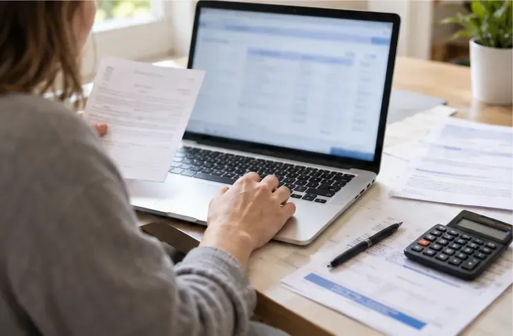 Una persona confronta i dati economici visualizzati sul laptop con documenti cartacei e un calcolatore