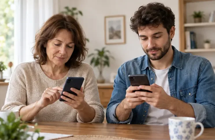 Due adulti di una famiglia usano i propri smartphone per autorizzare i dati della DSU precompilata