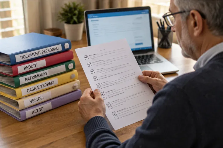 Un uomo controlla una checklist accanto a cartelle organizzate per documenti personali, redditi, patrimonio, immobili e veicoli