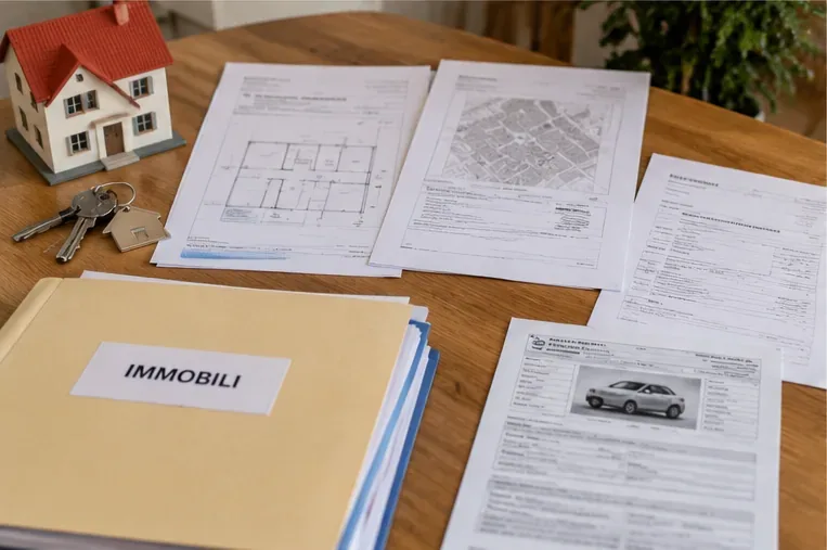 Fascicolo dedicato agli immobili con documenti di casa, planimetrie, chiavi e documentazione di un veicolo