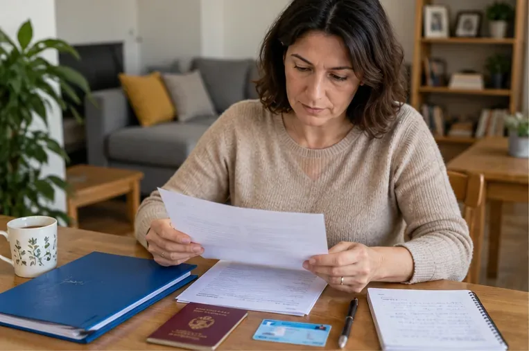 Una donna controlla documenti personali e fogli per preparare la pratica ISEE