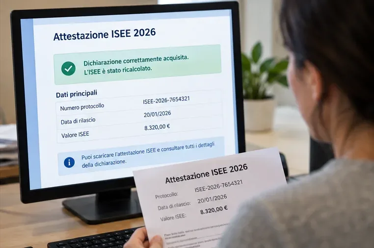 Una persona verifica sul monitor una nuova attestazione ISEE 2026 con messaggio di acquisizione corretta e dati aggiornati.