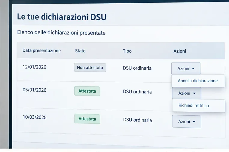 Schermata illustrativa con un elenco di dichiarazioni DSU, stati attestata e non attestata e menu delle azioni disponibili.