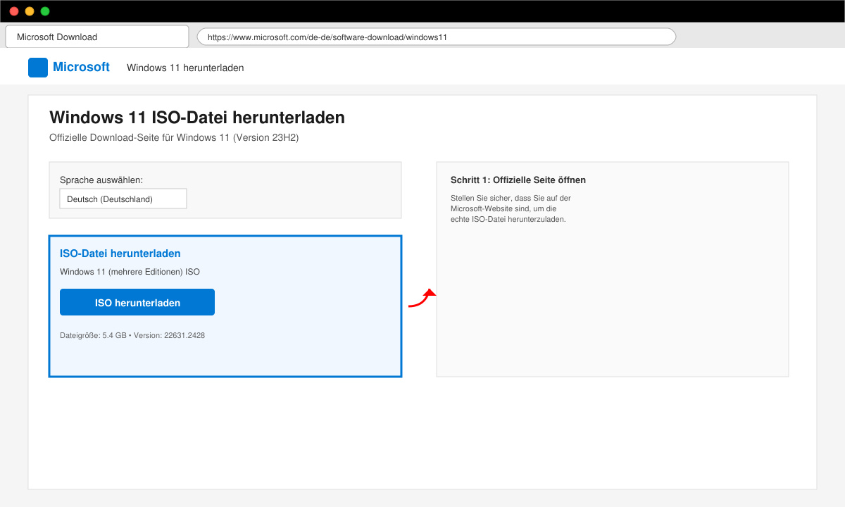 Browserfenster mit markiertem ISO-Download-Bereich auf der Microsoft-Seite