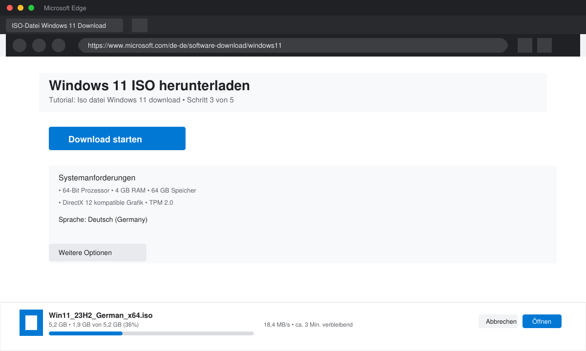 Fortschrittsanzeige des ISO-Downloads im Browser
