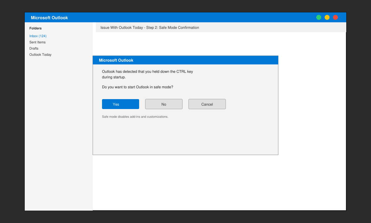 Outlook Safe Mode startup prompt with the Ctrl key press illustrated
