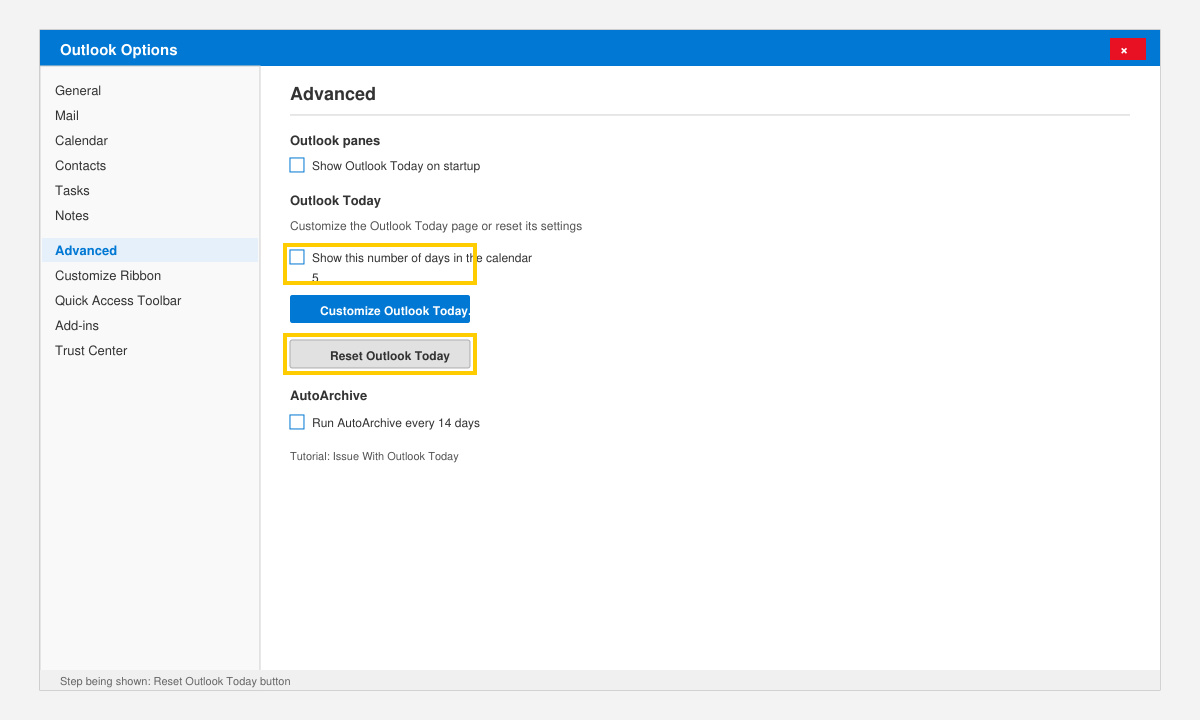Outlook Options window open to the Advanced tab highlighting the Outlook Today reset button