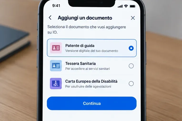 Schermata illustrativa con Patente di guida selezionata nell'elenco dei documenti da aggiungere a IO