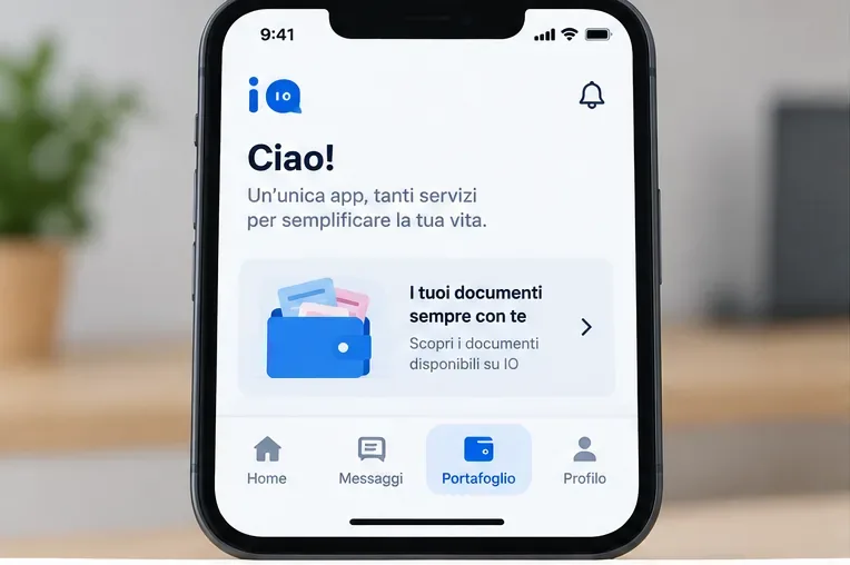Schermata illustrativa di App IO con la voce Portafoglio evidenziata nella barra inferiore