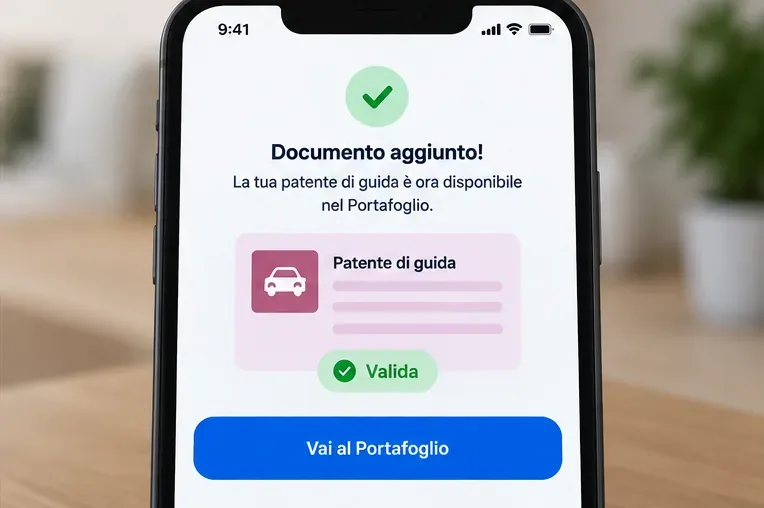 Schermata illustrativa di conferma con patente digitale aggiunta al Portafoglio di IO
