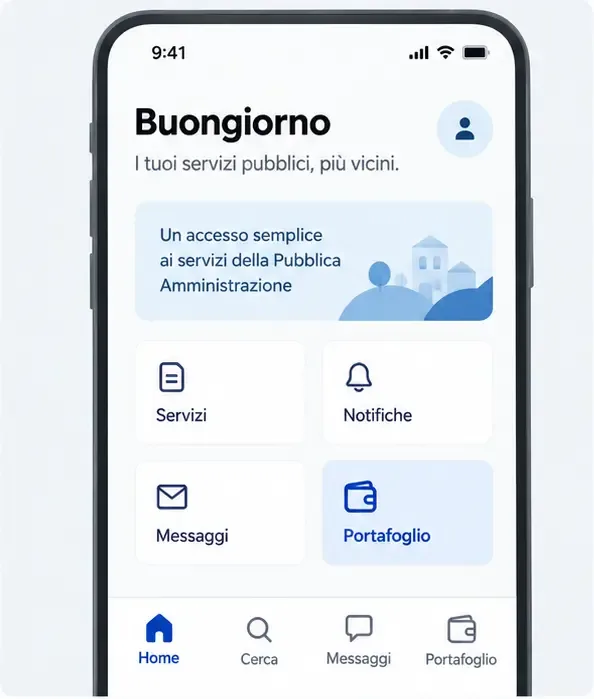 Mockup illustrativo dell’app IO con la voce Portafoglio visibile nella schermata iniziale