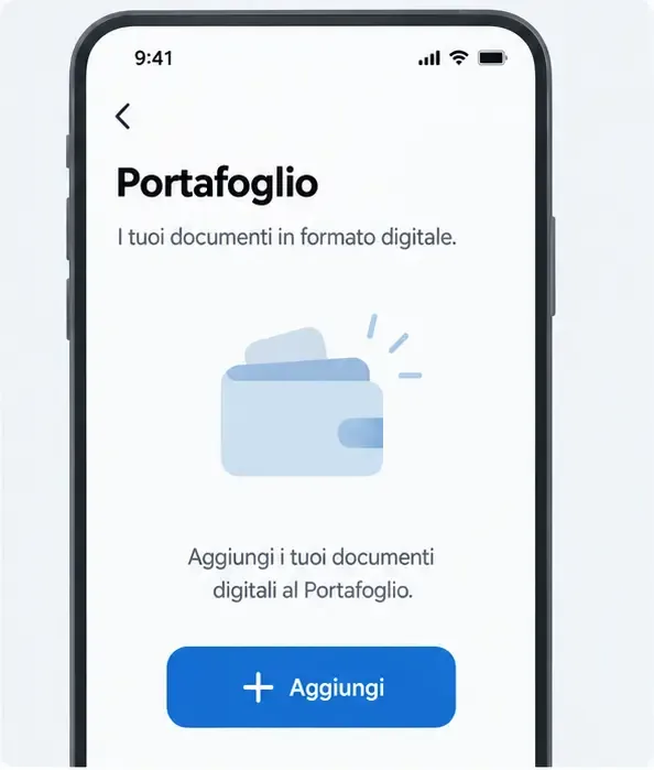 Mockup illustrativo della sezione Portafoglio con il pulsante Aggiungi evidenziato