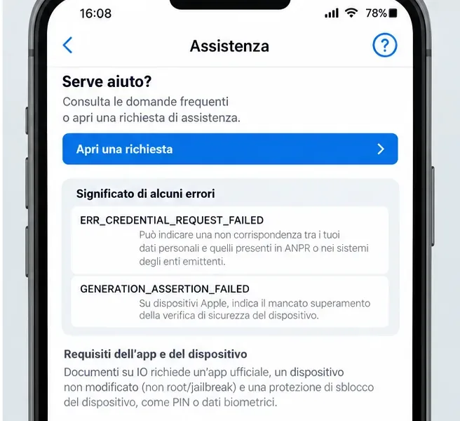 Schermata illustrativa dell’assistenza con apertura di una richiesta e riferimenti ai codici ERR_CREDENTIAL_REQUEST_FAILED e GENERATION_ASSERTION_FAILED