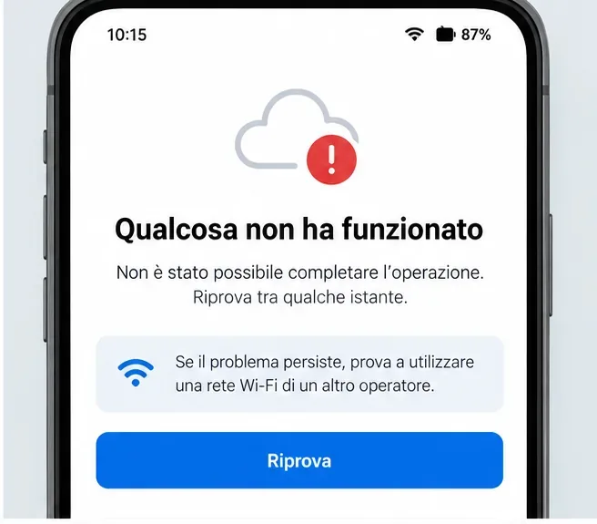 Schermata illustrativa con il messaggio Qualcosa non ha funzionato e indicazione di provare una rete Wi-Fi diversa