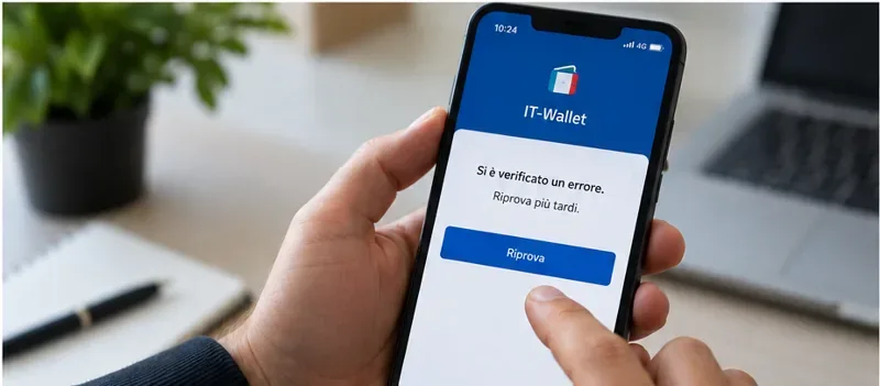 Smartphone con una schermata di errore relativa a IT-Wallet e pulsante per riprovare