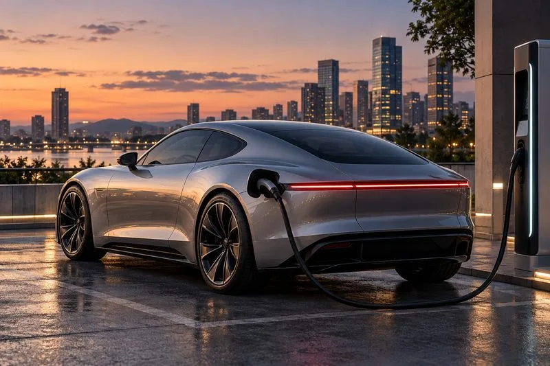 A generic silver electric grand tourer plugged into a public fast charger at dusk, with city buildings in the background