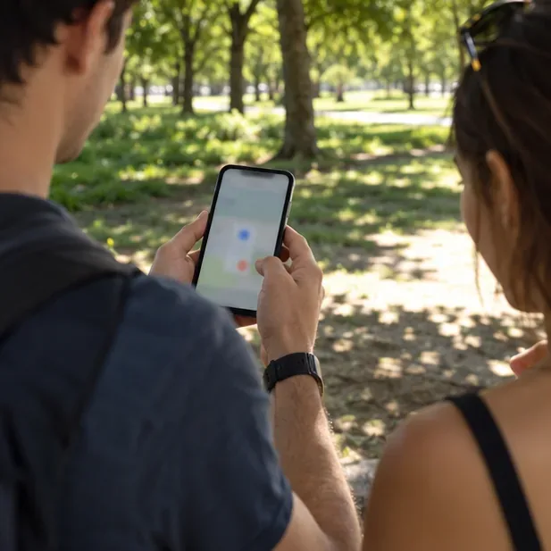 Dwie osoby w zacienionym parku sprawdzają bieżące położenie na rozmytym ekranie telefonu