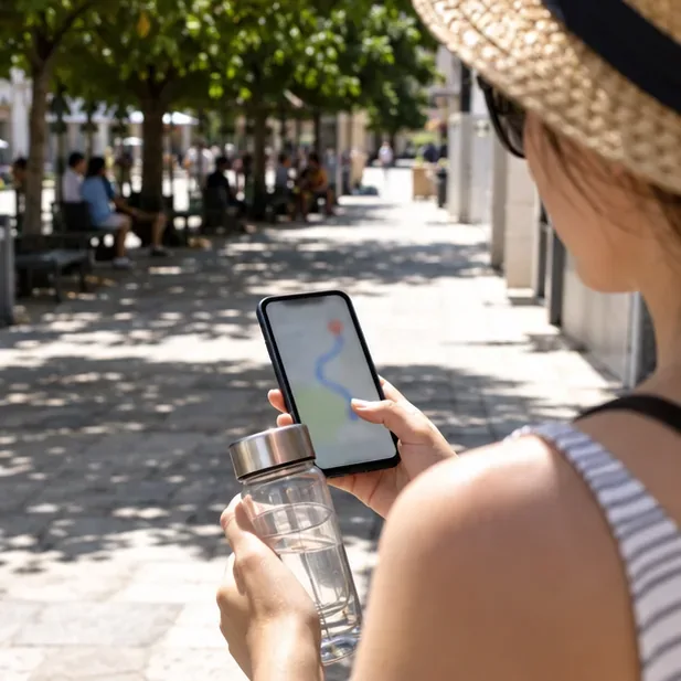 Osoba z butelką wody wybiera na smartfonie trasę przez zacienioną przestrzeń miejską