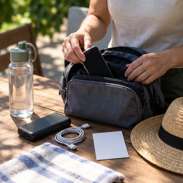 Smartfon, powerbank, kabel, butelka wody i pusta karta kontaktowa przygotowane do torby