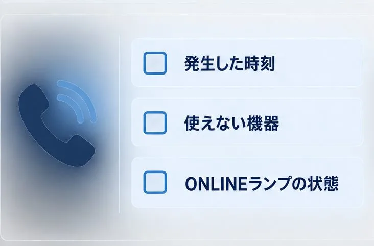問い合わせ時に伝える発生時刻、使えない機器、ONLINEランプの状態を並べたチェックリスト