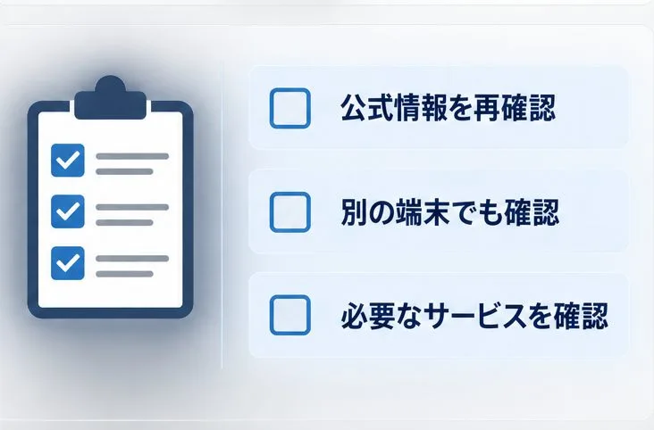 公式情報、別の端末、必要なサービスを順に確認する復旧チェックリスト