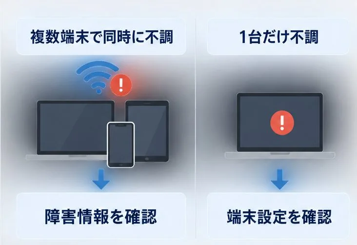 複数端末で同時に不調の場合と一台だけ不調の場合を分け、それぞれ障害情報と端末設定を確認する図