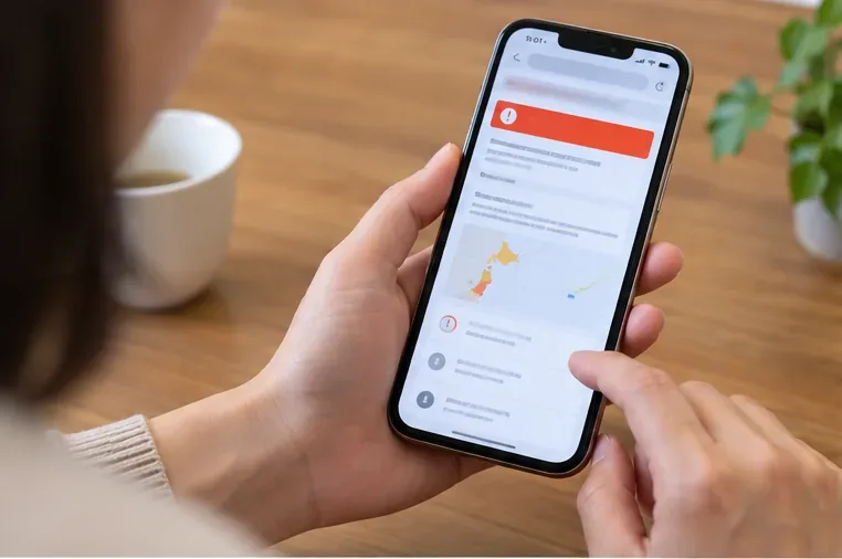 スマートフォンで通信障害の案内ページを確認している手元