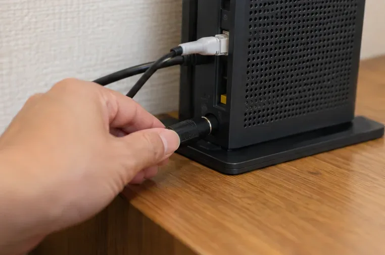 モデムまたはルーターの電源ケーブルを抜こうとしている手元