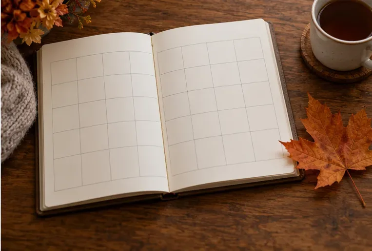 Een open lege maandagenda met een herfstblad op de pagina, gefotografeerd van bovenaf