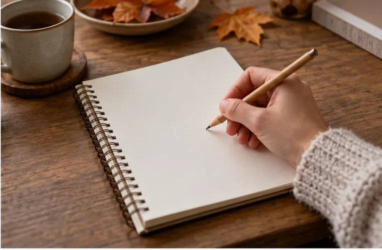 Een potlood rust boven een leeg notitieboek op een rustige herfsttafel