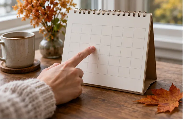 Een hand wijst naar een lege maandplanner op een houten bureau met herfstbladeren