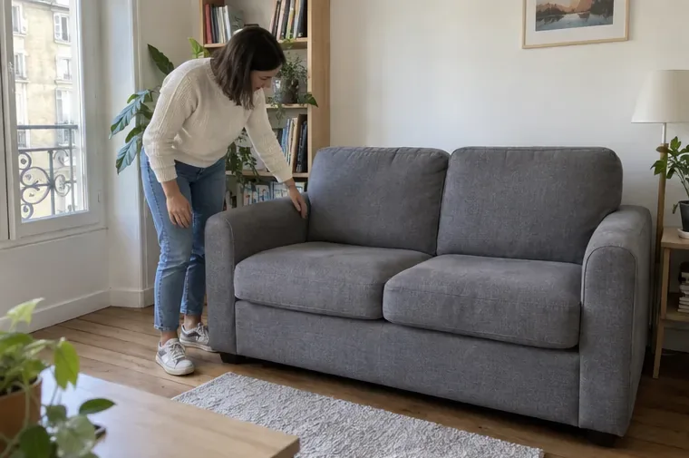 Une femme examine un canapé gris en bon état dans un appartement lumineux