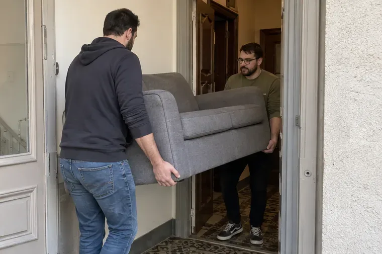Deux personnes portent un canapé gris à travers l’entrée d’un logement