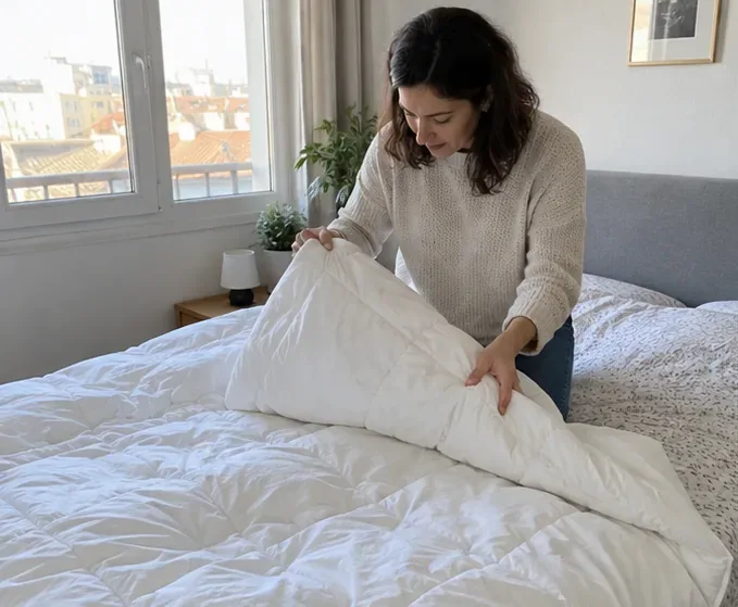 Une personne examine une couette blanche sur un lit pour vérifier son état avant réemploi ou recyclage.